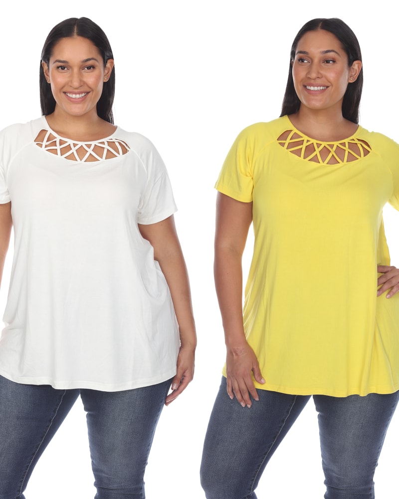 Front of a model wearing a size 2X Essential 2 Pack White Crisscross Top in White Yellow by White Mark. | dia_product_style_image_id:249815